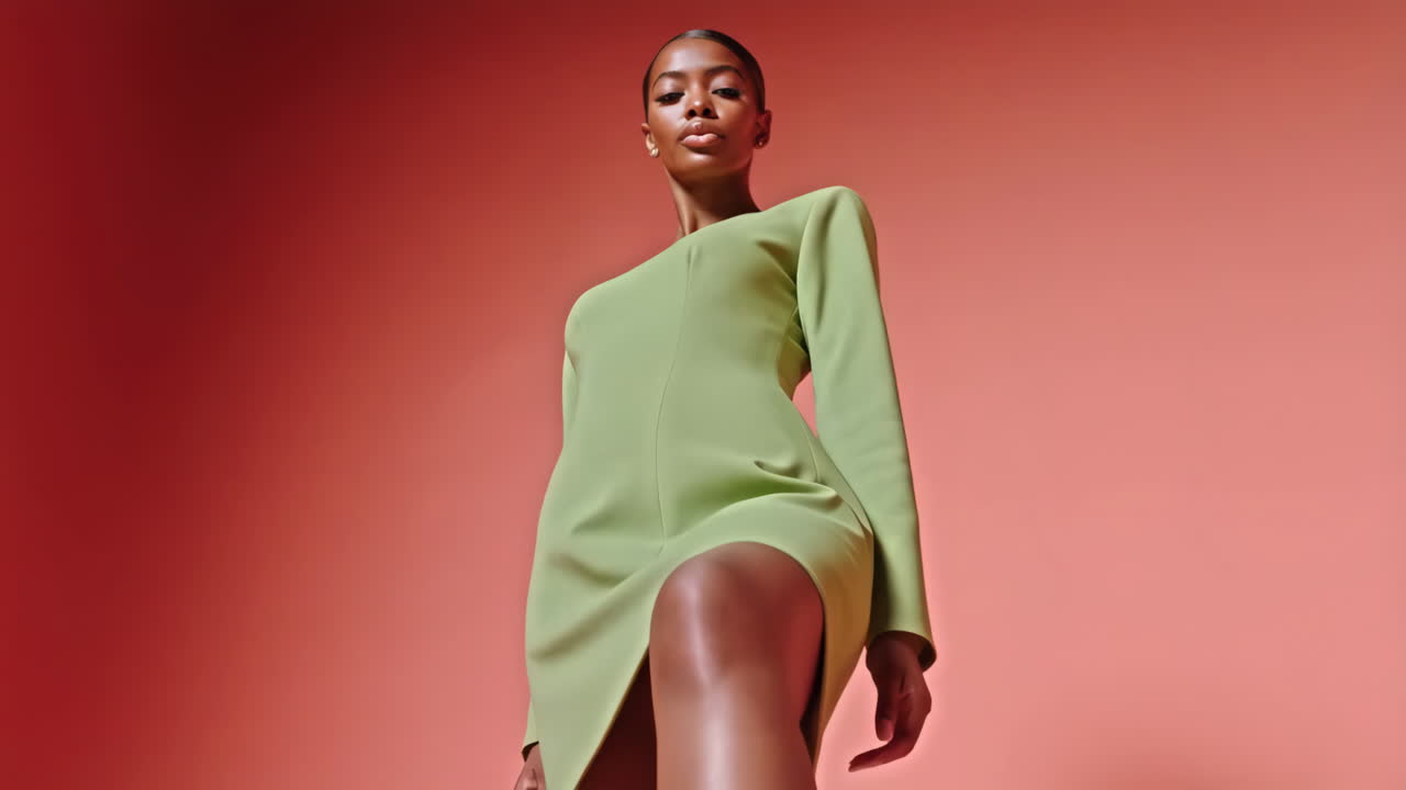 Elegant Woman in Green Dress Against Red Background