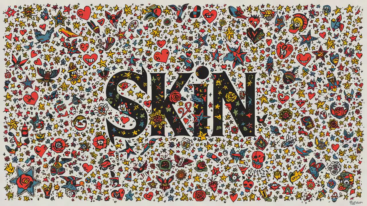 Zooming camera revealing centered SKIN lettering on poster, exposing colorful motifs