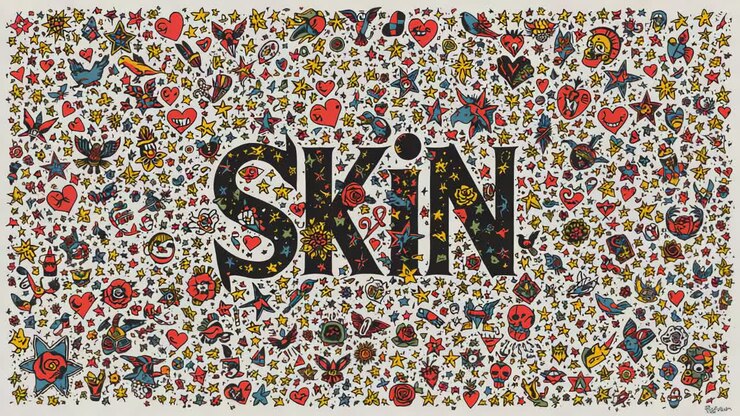 Zoom della camera che rivela la scritta SKIN centrata sul poster, esponendo motivi colorati
