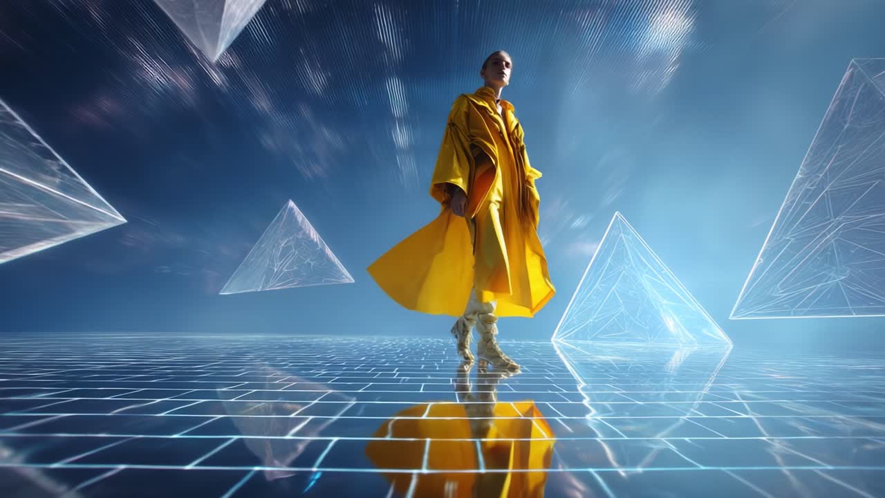 A captivating digital landscape featuring a figure clad in a striking yellow garment, surrounded by glowing geometric pyramids, set against a mesmerizing blue backdrop that enhances the ethereal atmosphere