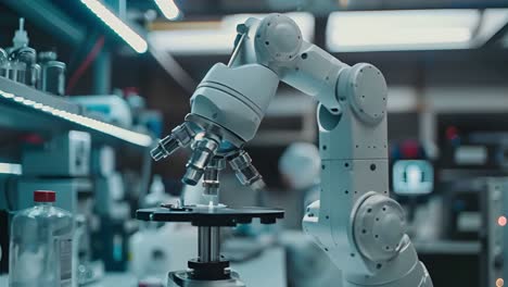robotic arm operating a microscope in a laboratory