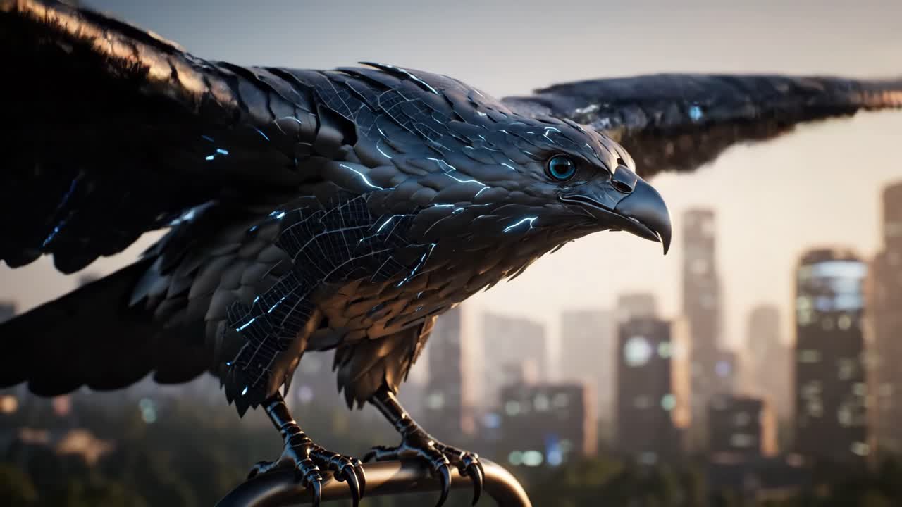 Futuristic Cyberpunk Eagle Overlooking Cityscape