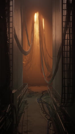 a dark, industrial corridor with a glowing light at the end