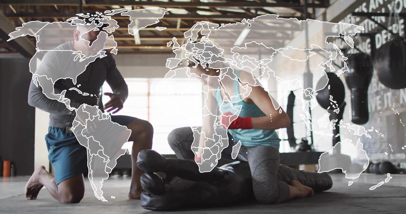 Martial arts coach guiding athlete wrapping wraps, striking bag as overlay sliding to Asia Pacific