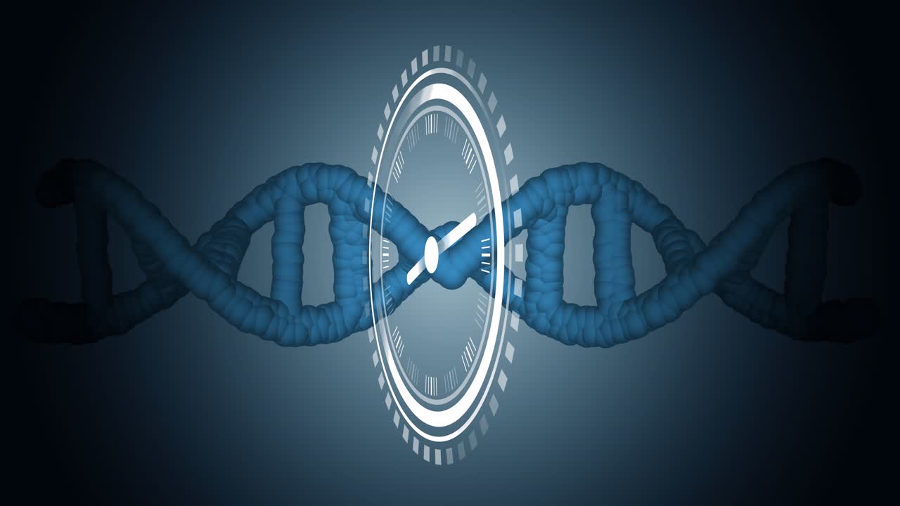 Animazione di un orologio su macro di un filamento di DNA