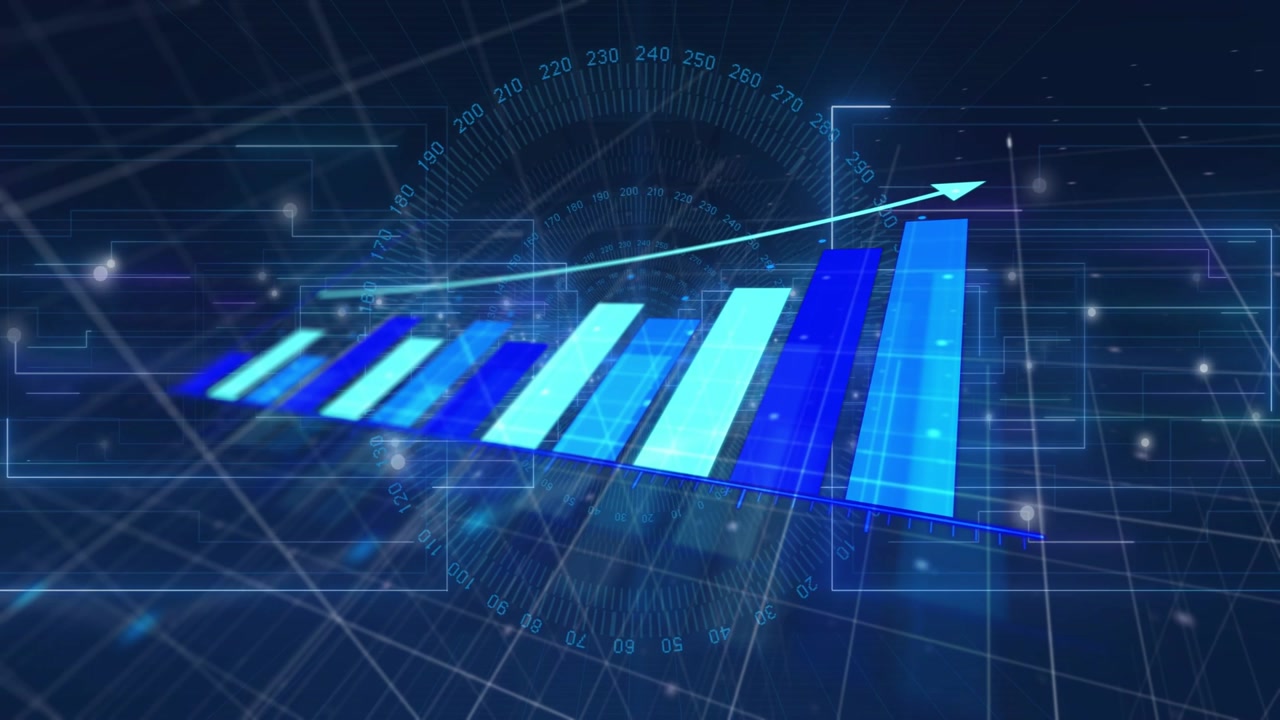 Faint grid appearing, 3D bar chart rising left to right, cyan arrow drawing up indicating growth
