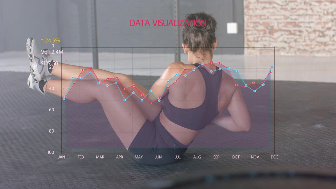 Kvinde holder medicinbold, laver siddende torso-rotationer for fitness, med overlejret datadiagram