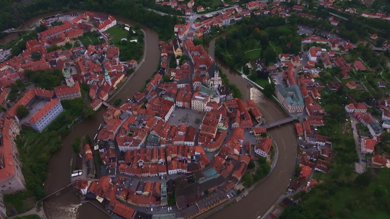Cesky Krumlov's medieval beauty and Moldau River from an aerial perspective