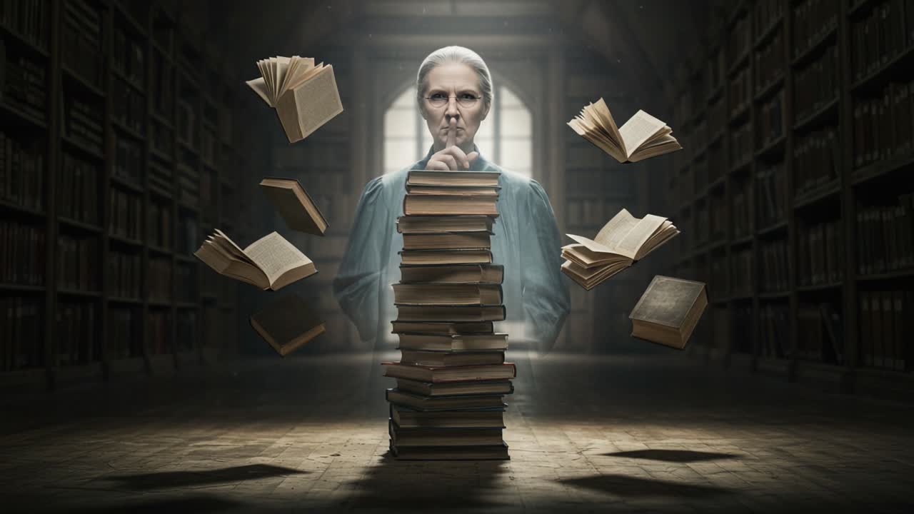 A Mystical Librarian Silencing the Chaos of Knowledge, Surrounded by Floating Books in an Enchanted Library Setting, Evoking Wonder and Intrigue
