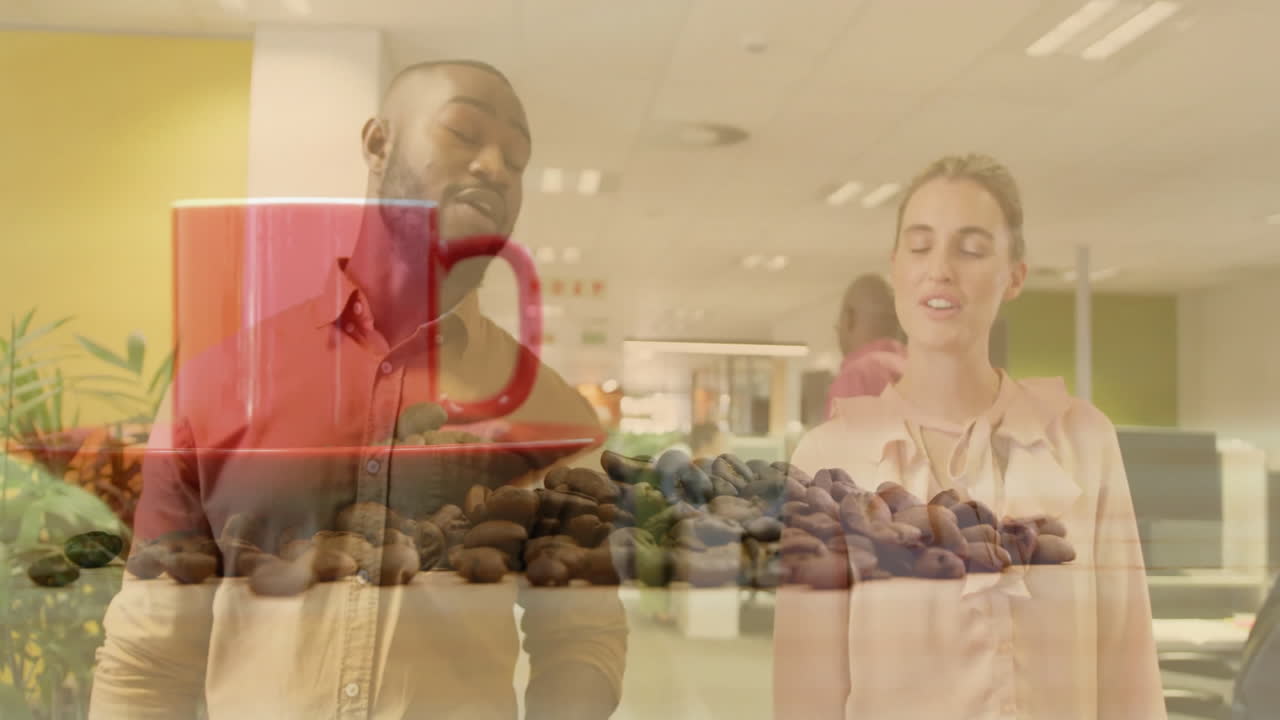 colleagues discussing business growth in office scene, showing animated coffee bean icons and chart