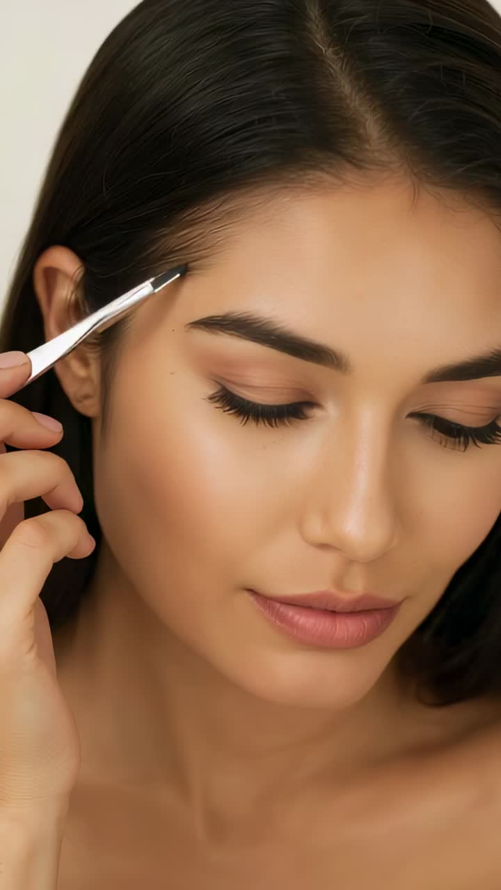 Vertical video: Tweezing woman prompted by tweezer touch, grooming brow in studio, showing strap