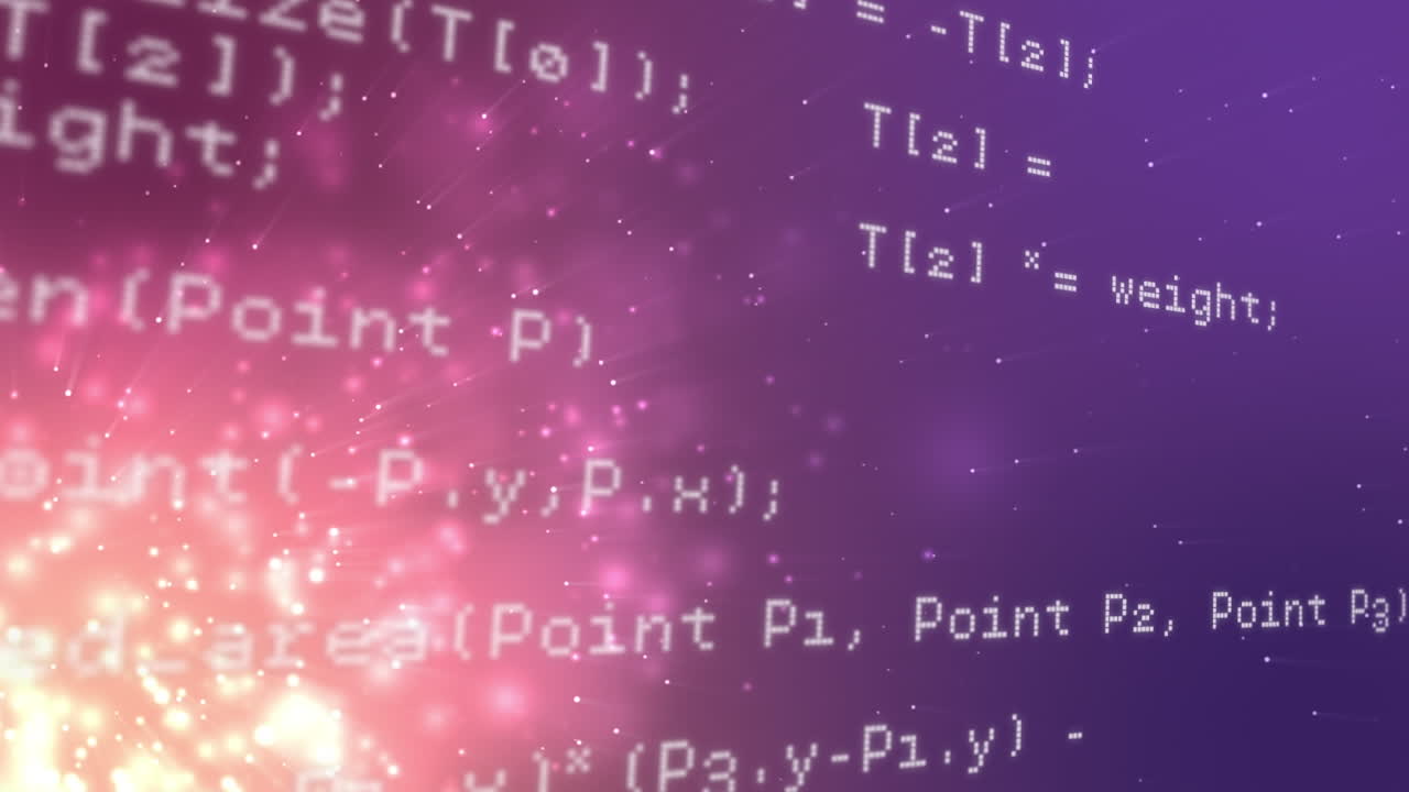 animación del procesamiento de datos sobre fondo púrpura y dorado