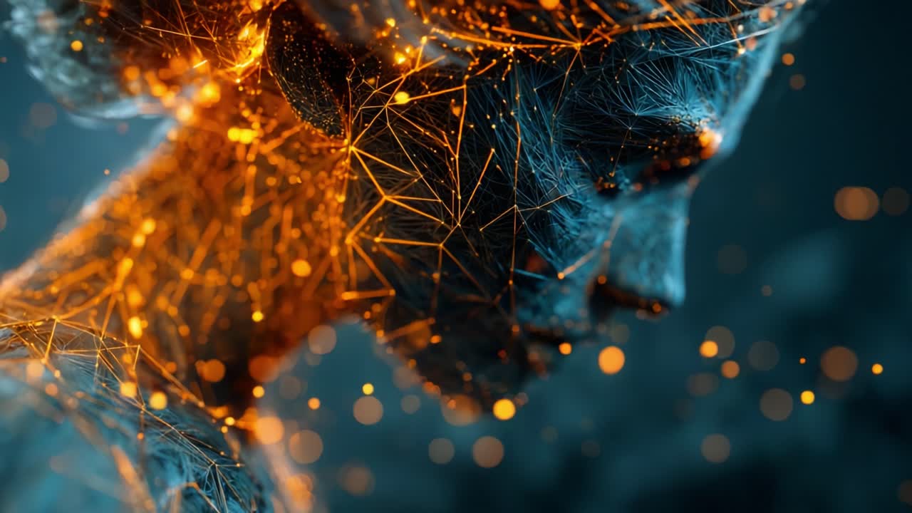 A mesmerizing digital representation of a figure with an ethereal glow, showcasing an intricate network of glowing connections and particles, embodying the fusion of art and technology