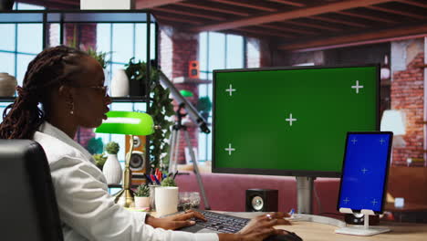 student at home browsing internet on isolated screen computer and tablet