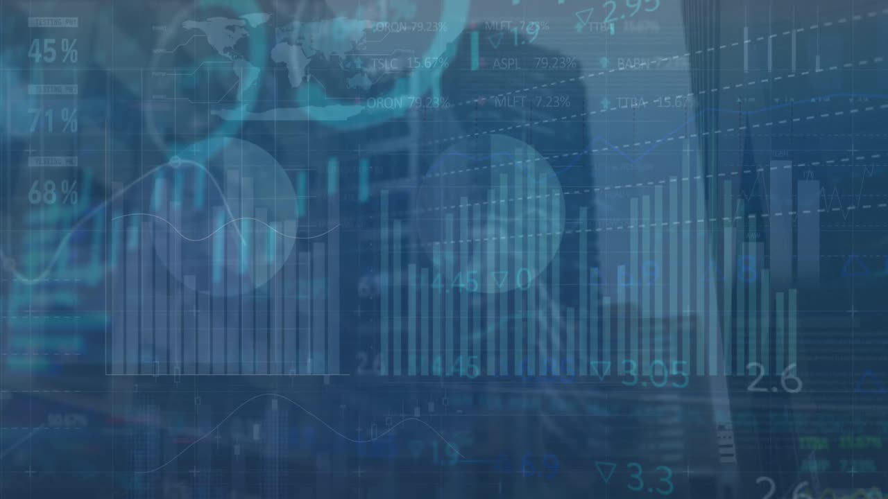 Animation of financial data processing over cityscape