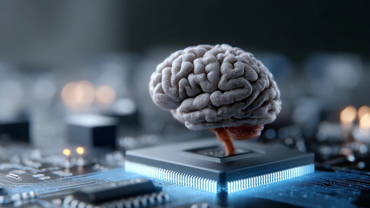 A visual representation of the integration between artificial intelligence and human cognition, showcasing a brain atop a computer chip, symbolizing advanced technology and innovation