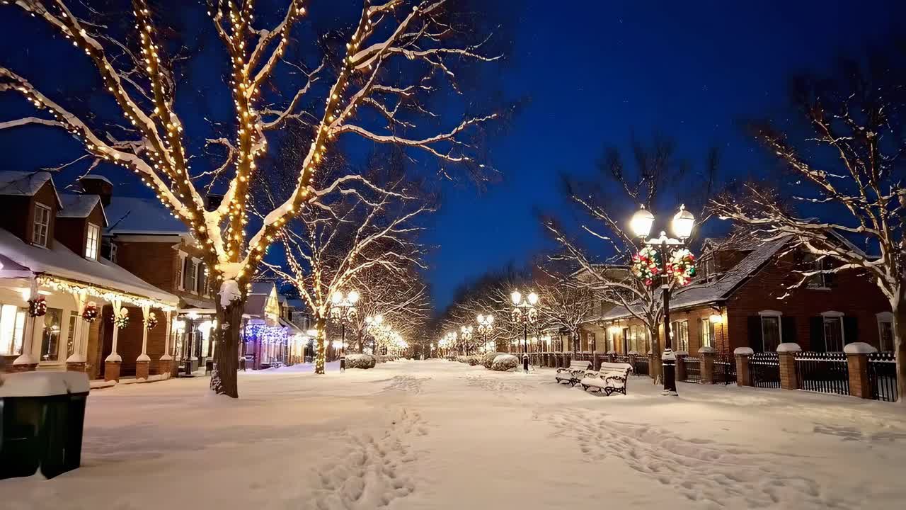 A serene winter street scene at night, with festive lights. Captured from a low angle