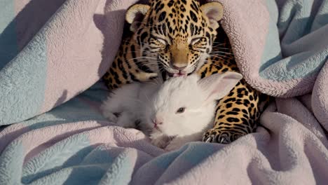 baby jaguar and white rabbit
