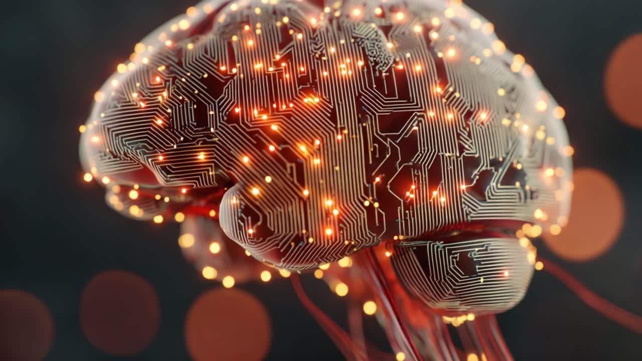 A Digital Brain: An Intricate Fusion of Technology and Neuroscience Represented through a Circuit Board Design Illuminated by Glowing Nodes