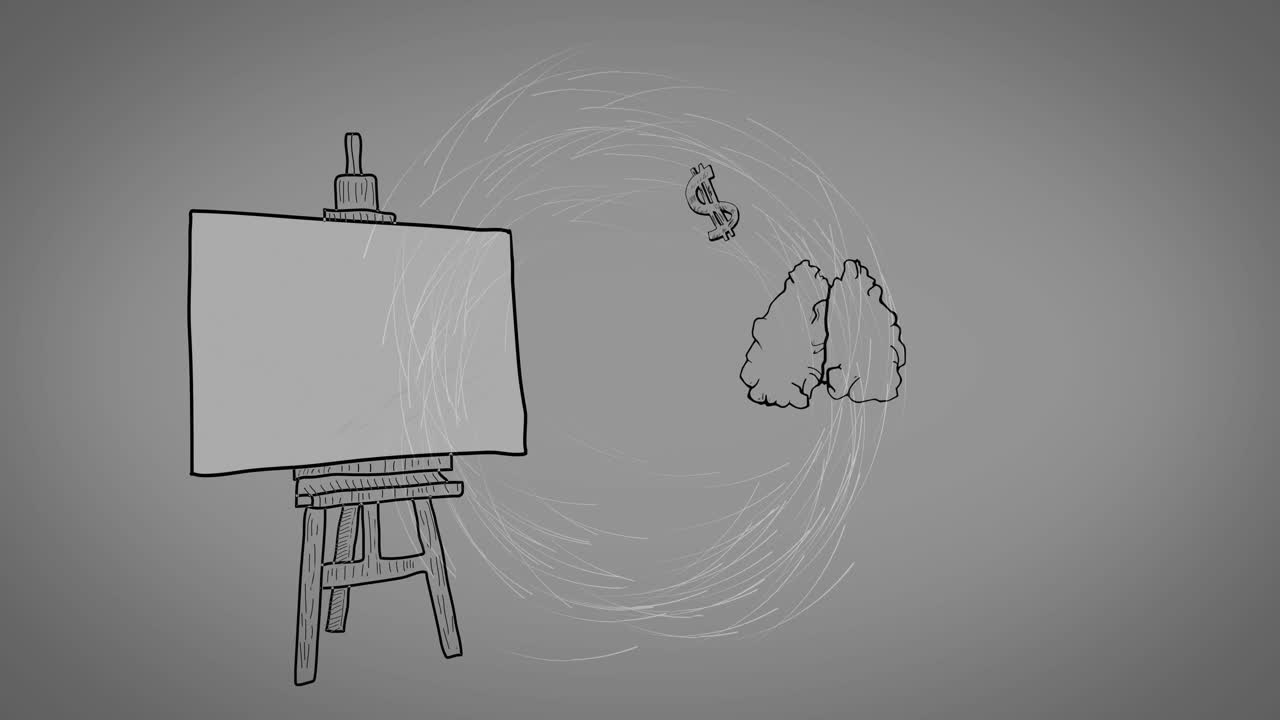 Swirling brain with creative symbols on easel, featuring animation inspiration text