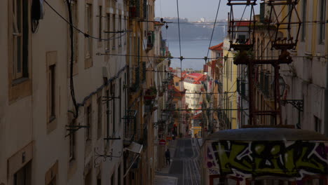 old rustic streets with a road of funicular in lisbon, portugal