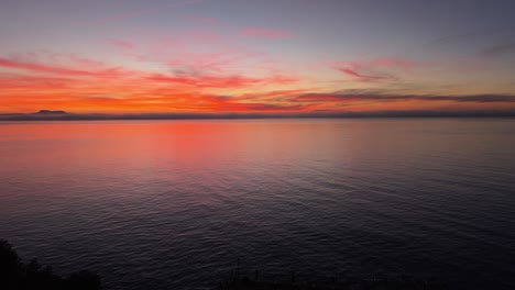 golden red sunset over bay of palma, capturing the serene horizon with the silhouette of trees, creating a tranquil and picturesque coastal scene. tilt up shot