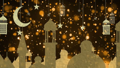 animation of golden arabic style rooftops, moon, lamps and stars with floating lights on black