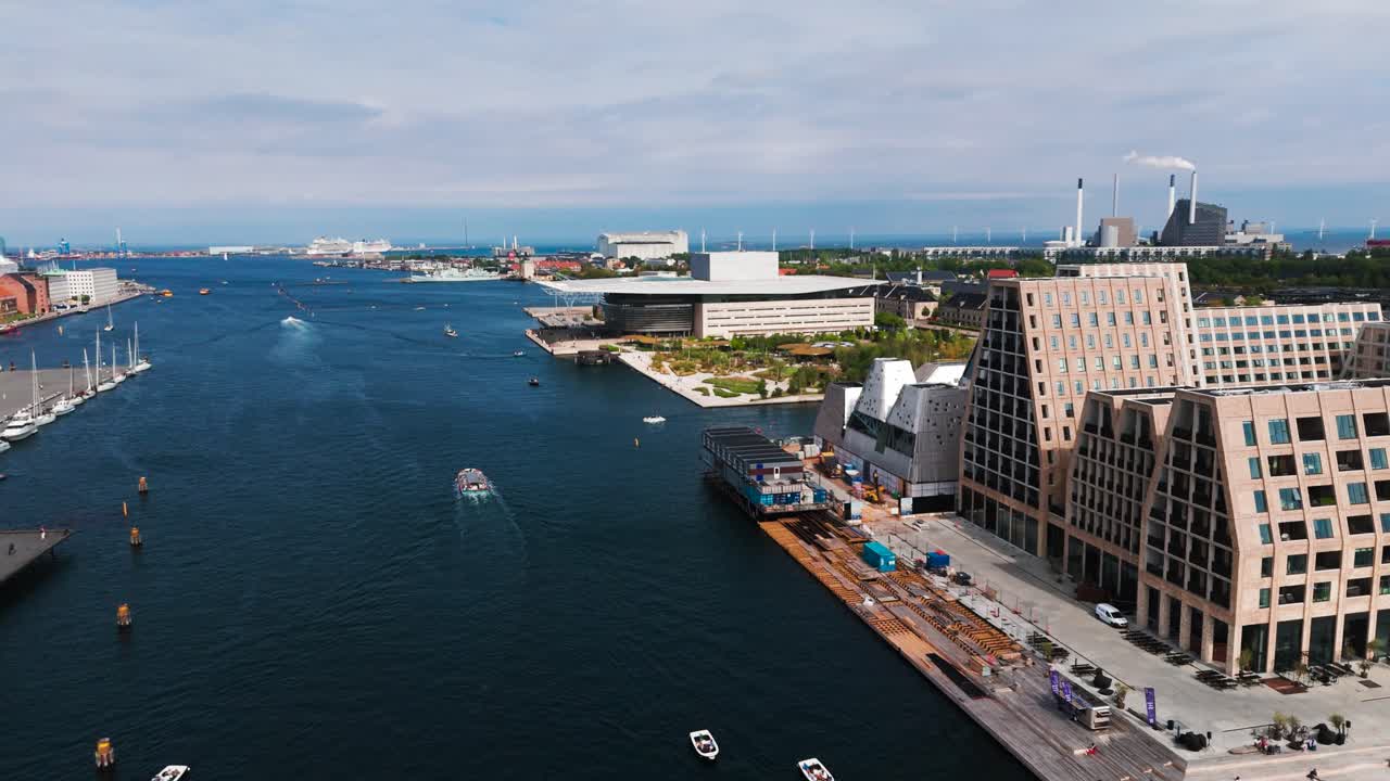 Aerial - wide river canal near paper island with building complex, Copenhagen