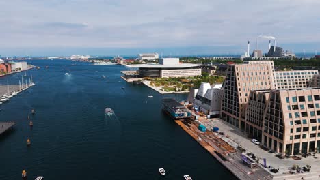 aerial - wide river canal near paper island with building complex, copenhagen