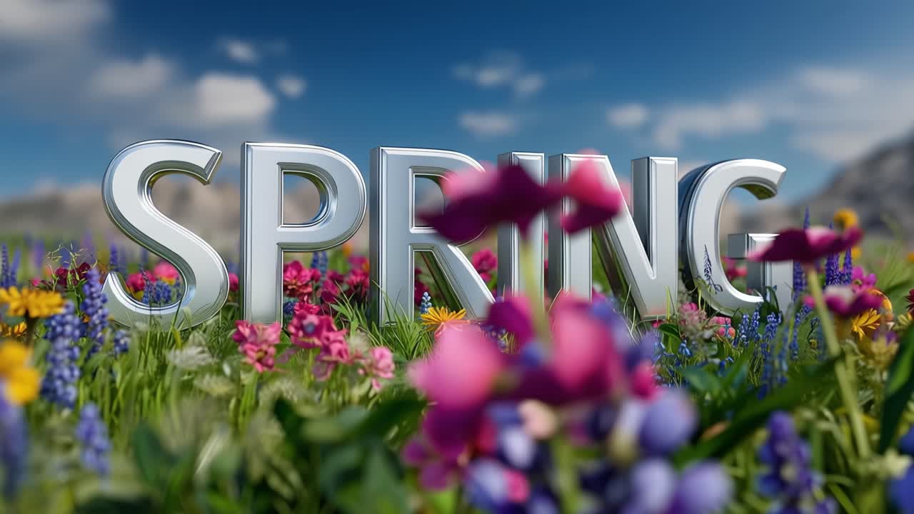 Frühlingsblüten entfalten sich unter klarem blauem Himmel. Silberne Buchstaben glänzen inmitten leuchtender Wildblumen. Sanfte Berge erheben sich im Hintergrund. Farbige Blütenblätter tanzen in einer milden, sonnigen Brise.
