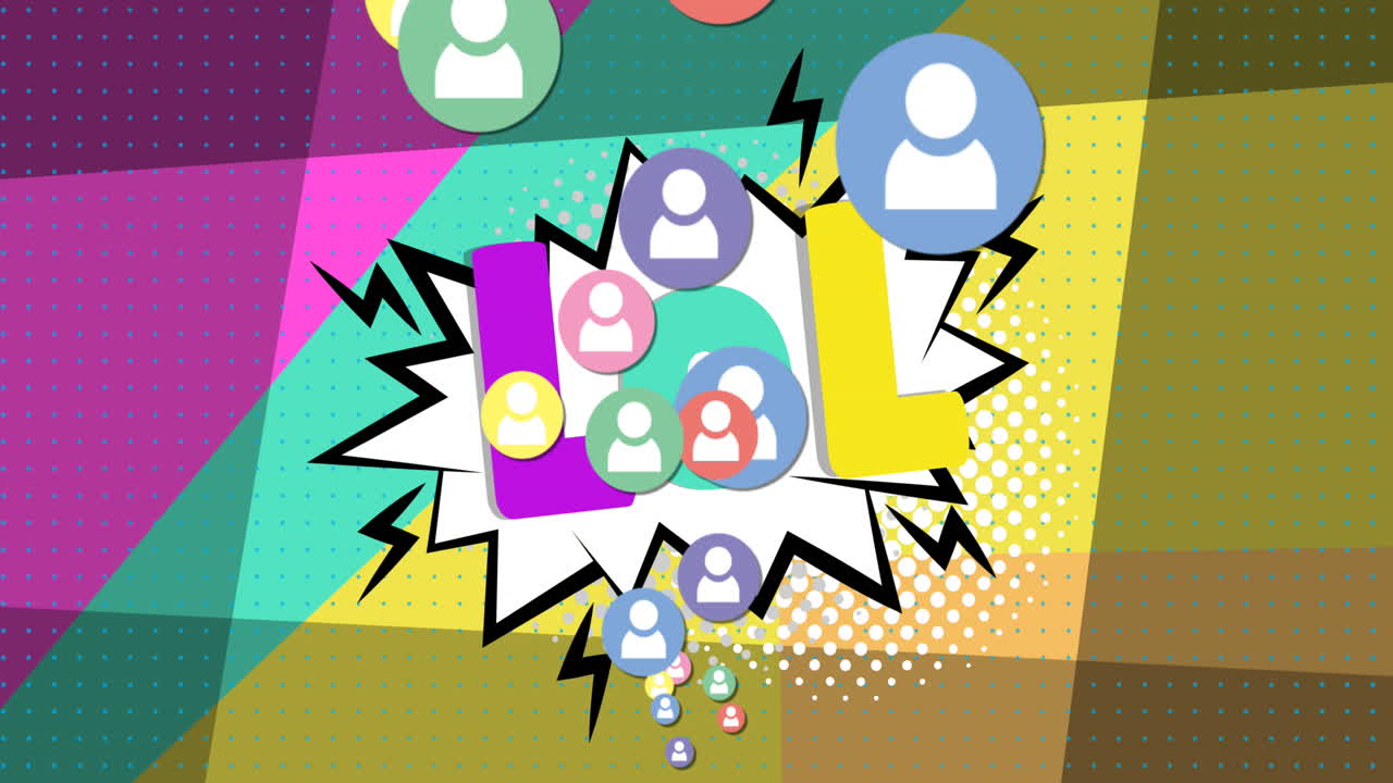 다채로운 배경에 lol 텍스트와 미디어 아이콘의 애니메이션