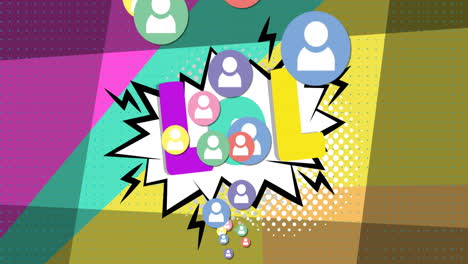 animación de texto lol e iconos de medios en un fondo colorido