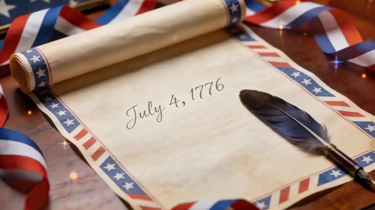 Camera pushing in, aged parchment on table revealing July 4, 1776 inscription with quill ribbons