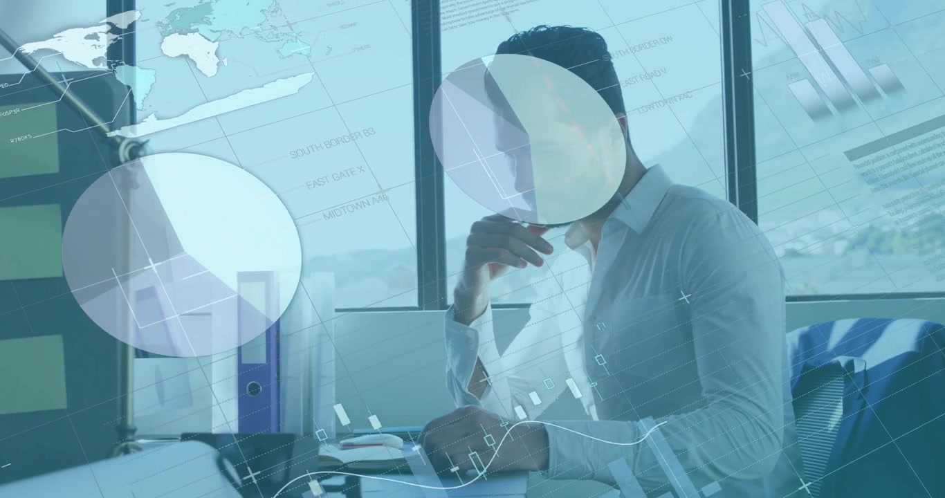Animazione di elaborazione dati finanziari su medici uomini d'affari che lavorano in ufficio.