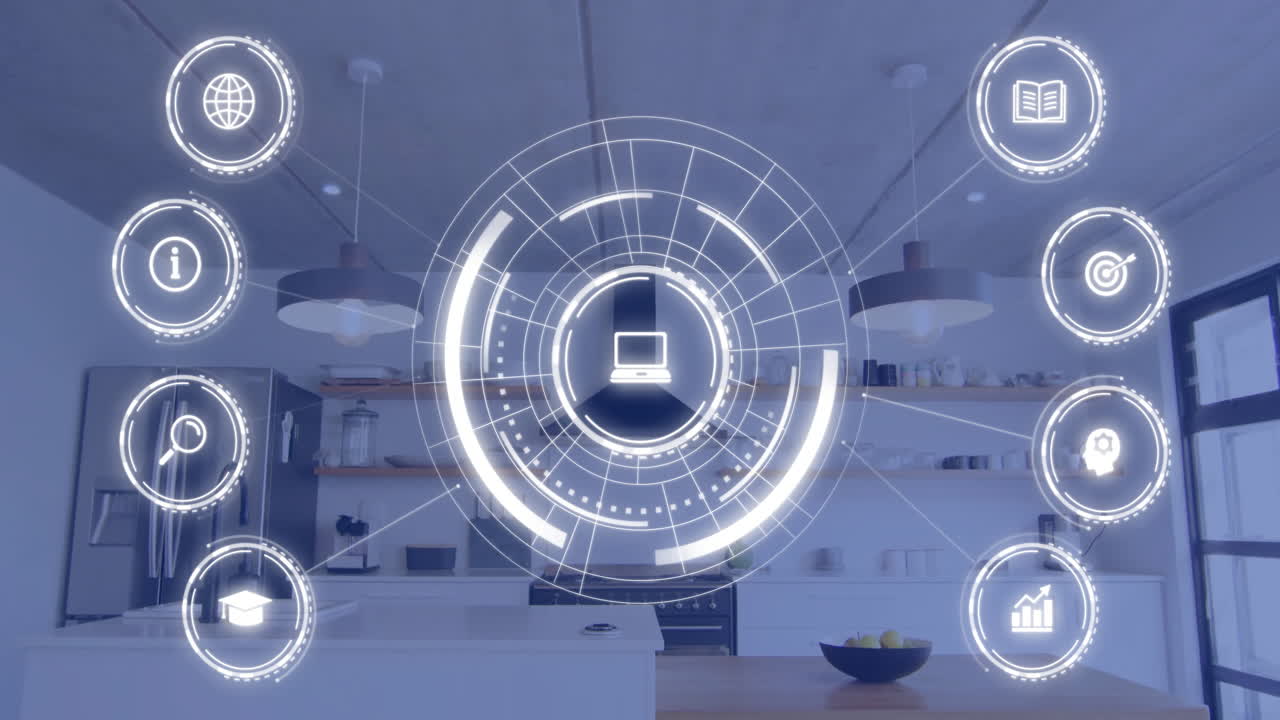 Digital interface with icons and data animation over modern kitchen background