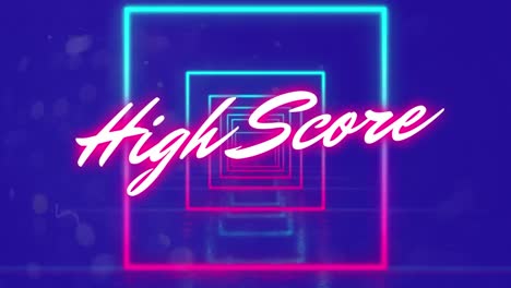 Animation-of-high-score-text-over-neon-shapes-on-blue-background