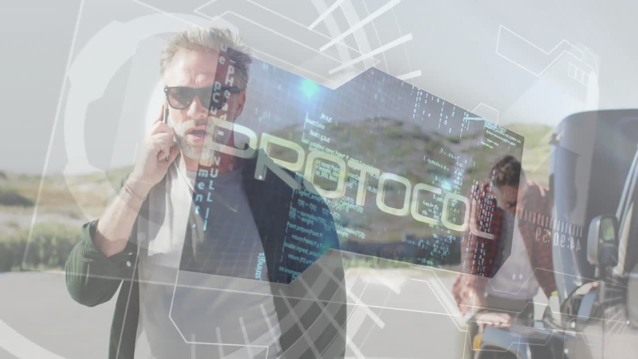 Talking on phone, man watching another push motorcycle with digital animation