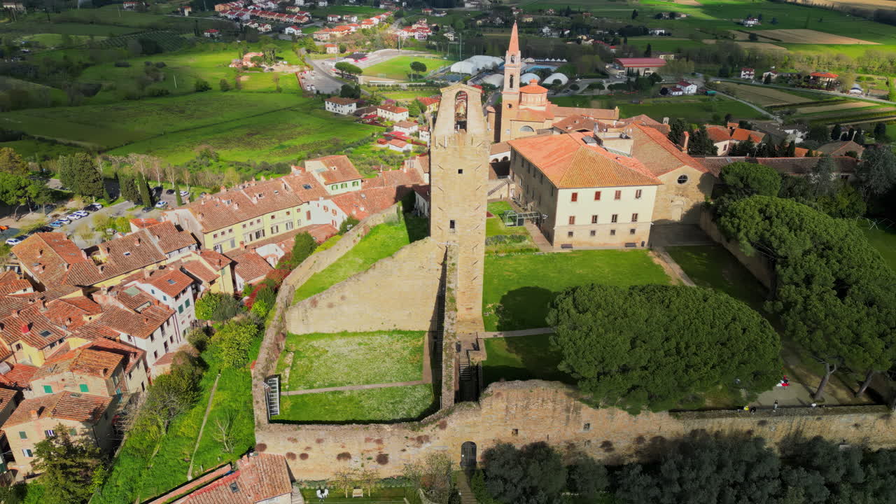 Aerial drone view of the Cassero Tower in Castiglion Fiorentino, Tuscany, Italy