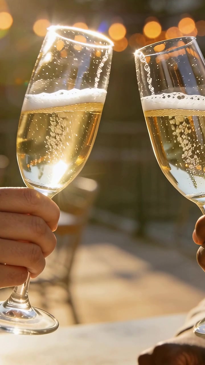 Video vertical: choque de dos copas de champán, dúo brindando en un patio iluminado por el sol, mangas visibles