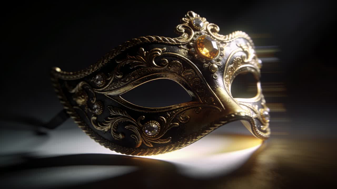 Luce dello studio che aumenta, telecamera che si avvicina e si concentra su una maschera d'oro su un tavolo, rivelando un gioiello d'ambra.
