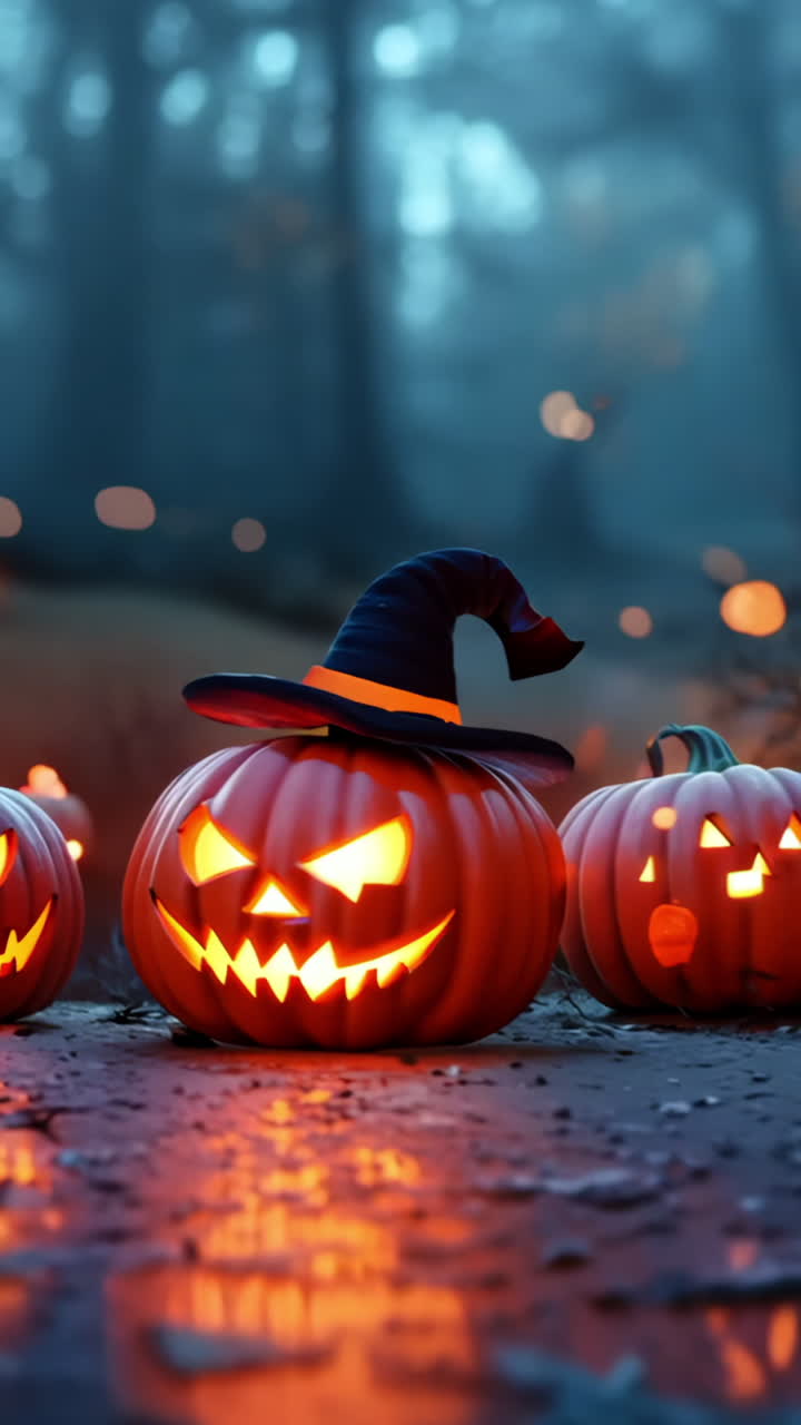 A black witch's hat sits on a table with three pumpkins, all of which have glowing eyes. The scene is set in a forest, with the hat and pumpkins creating a spooky and eerie atmosphere