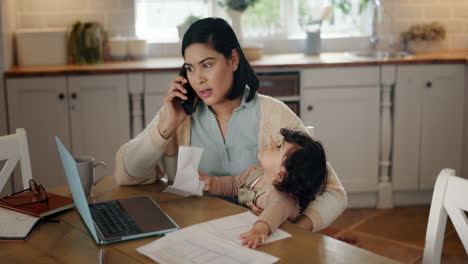 mother, baby and phone call at laptop in home