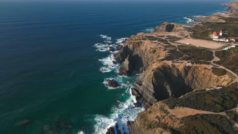 atlantic ocean drone coast view, lighthouse of cabo de sao vicente, portugal waves, reefs or cliffs