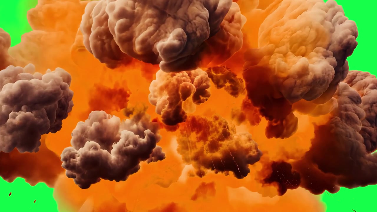 Mächtige Feuerexplosion mit aufsteigendem Rauch auf Greenscreen