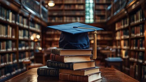 graduation cap on stack of books in library