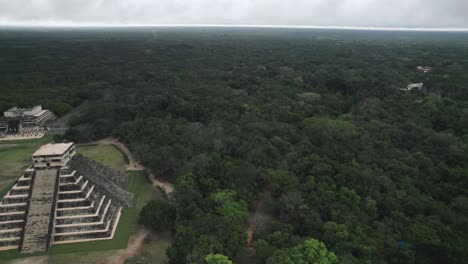 Chichen-Itza-Aerial-Pyramid-Maya-Ruins-Mayan-Peoples-Civilazation-Drone-Flying-World-Heritage-Aztec-Yucatan-Peninsula-Valladolid-Mexican-Culture-Jungle