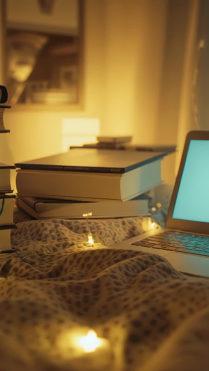 Vertical video: Camera sliding in and panning bedroom, showing blanket, books, laptop, fairy lights
