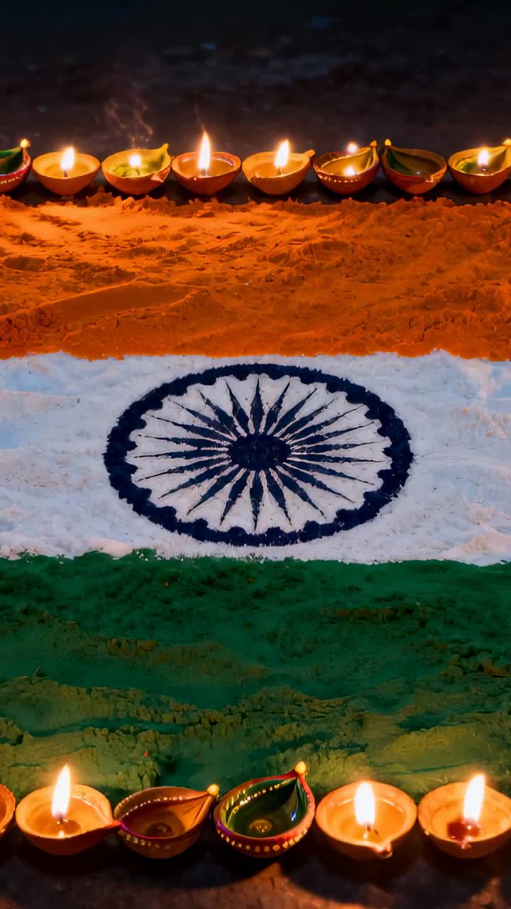 Video verticale: Inquadratura della telecamera che si sposta, tricolore con diya Chakra tremolanti sul pavimento per la nazione