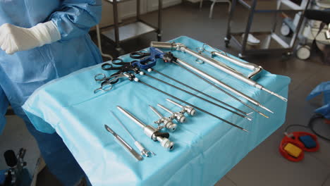 surgical instruments on a tray in an operating room