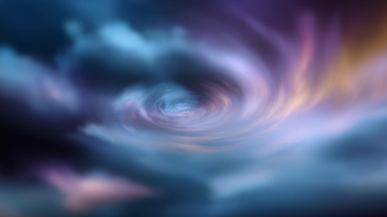 Pusaran warna yang memukau di langit memesona, ditangkap dalam dua frame, menonjolkan awan yang berputar dengan ungu pekat dan biru lembut, melambangkan keindahan surgawi.